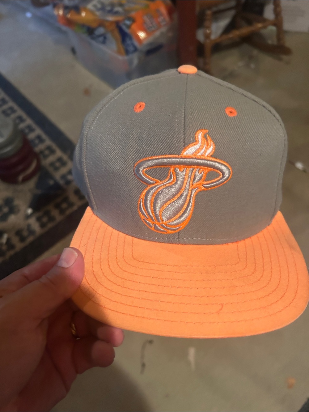 Vintage Miami heat, Adidas Gray and Neon Orange Basketball Logo Snapback Hat